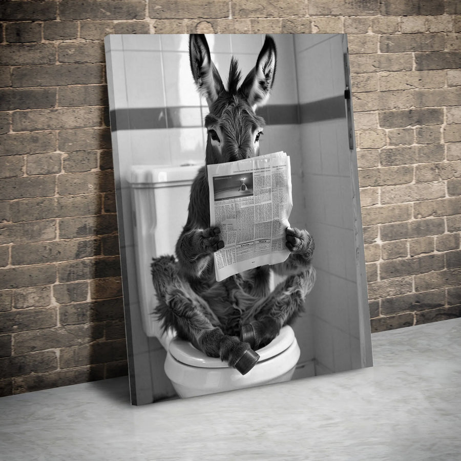 Funny Donkey on Toilet Vertical Canvas | Black & White Bathroom Humor Art | Premium Frameless Wall Decor | Unique Gag Gift for Men