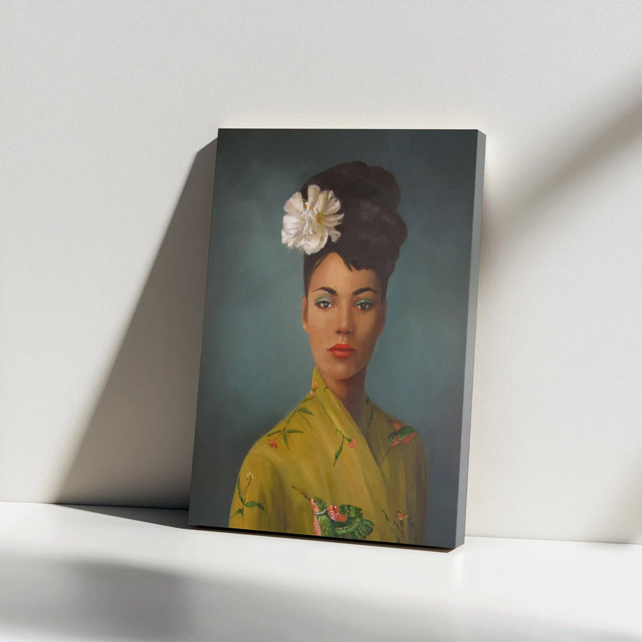 Hummingbird Woman Portrait Canvas | Vintage Style Painting with Floral Kimono | Premium Gallery Wrap | Unique Living Room Wall Art Gift