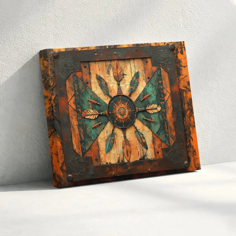 Rustic Southwestern Sun Shield Canvas Wall Art | Tribal Feathers and Geometric Design | Premium Gallery-Wrapped Print | Western Home Decor Gift