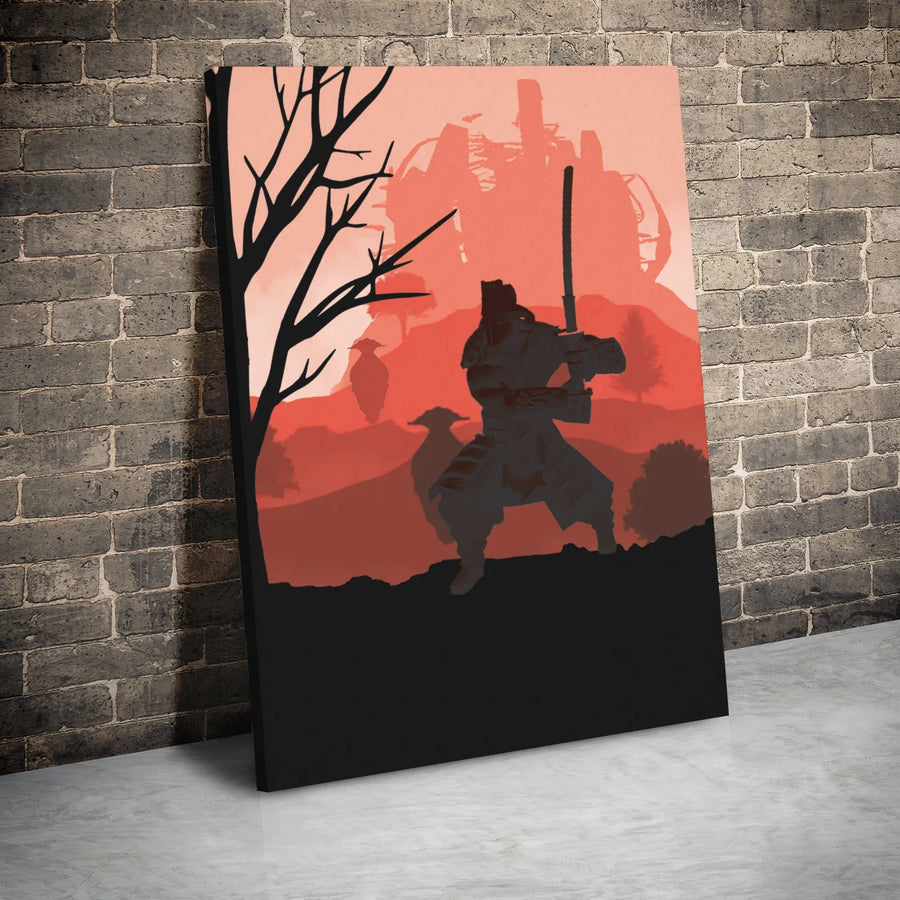 Samurai Warrior Canvas Wall Art | Red Japanese Landscape Silhouette | Premium Gallery Wrap Print | Zen Home Office Decor Gift