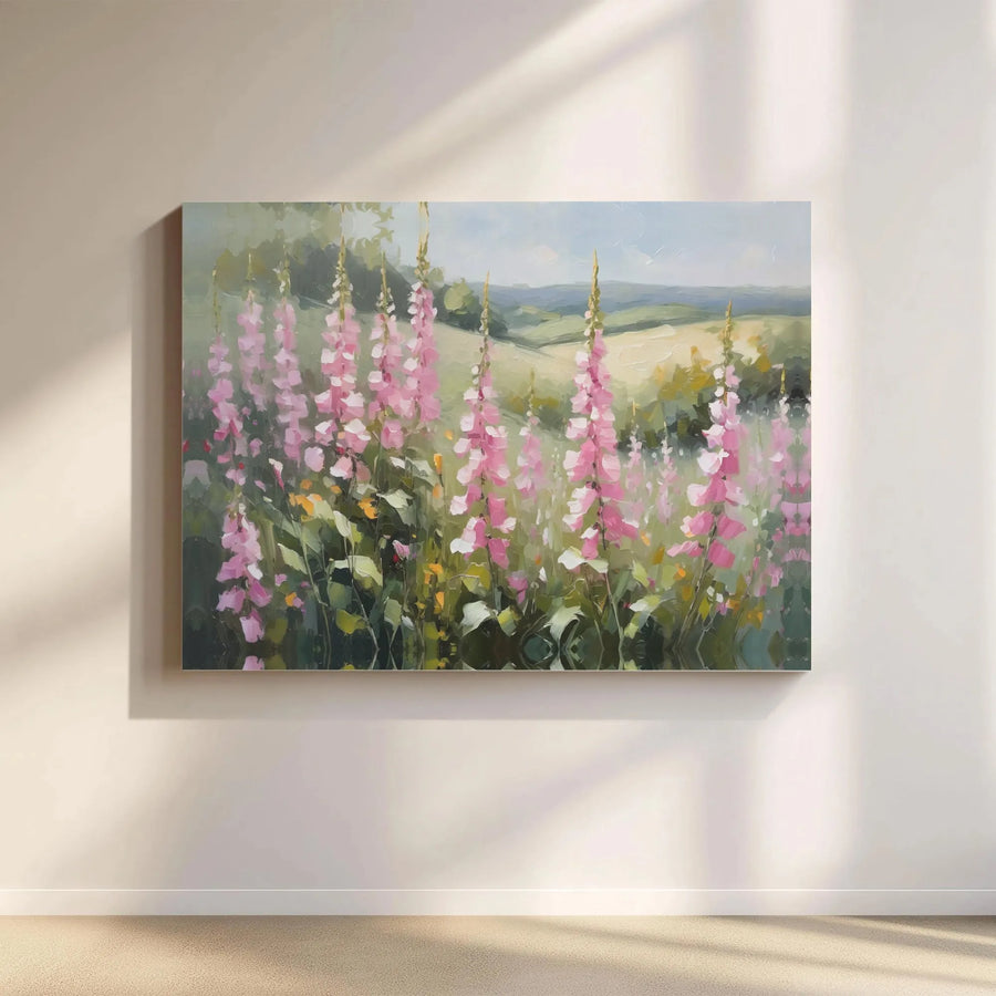 Wildflower Meadow Horizontal Canvas | Impressionist Pink Foxglove Floral Painting Style | Premium 1.25 Inch Stretched Wall Art | Cottagecore Living Room Decor Gift