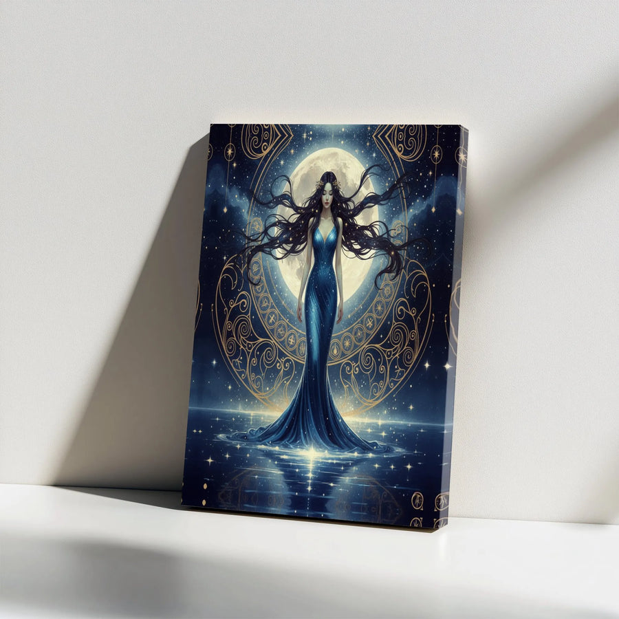 Moon Goddess Canvas Wall Art | Ethereal Night Sky with Gold Accents | Premium Gallery Wrapped Canvas | Spiritual Fantasy Decor Gift