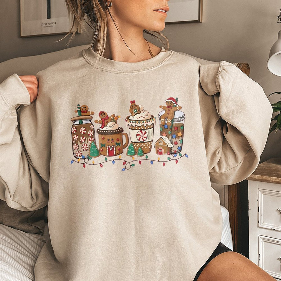 Christmas Gingerbread Coffee Sweatshirt | Festive Holiday Hot Cocoa Graphic | Premium Cotton Blend Crewneck | Cozy Winter Gift for Women