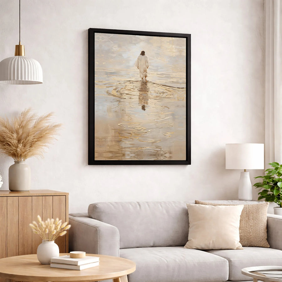 Jesus Walking On Water Canvas | Modern Gold Foil Religious Wall Art | Premium Gallery Wrapped Print | Christian Home Office Decor Gift