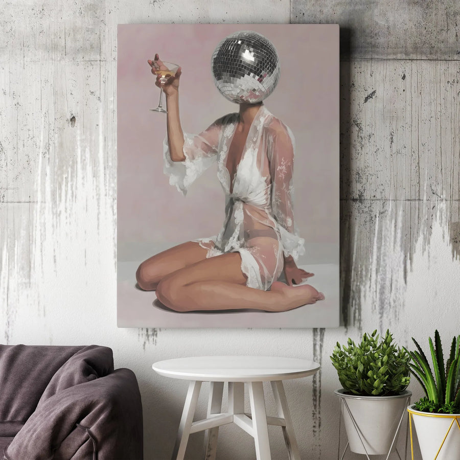 Disco Ball Head Canvas Print | Surreal Woman with Champagne Glass | Premium Gallery Wrapped Canvas | Modern Bar Cart Art Gift for Her