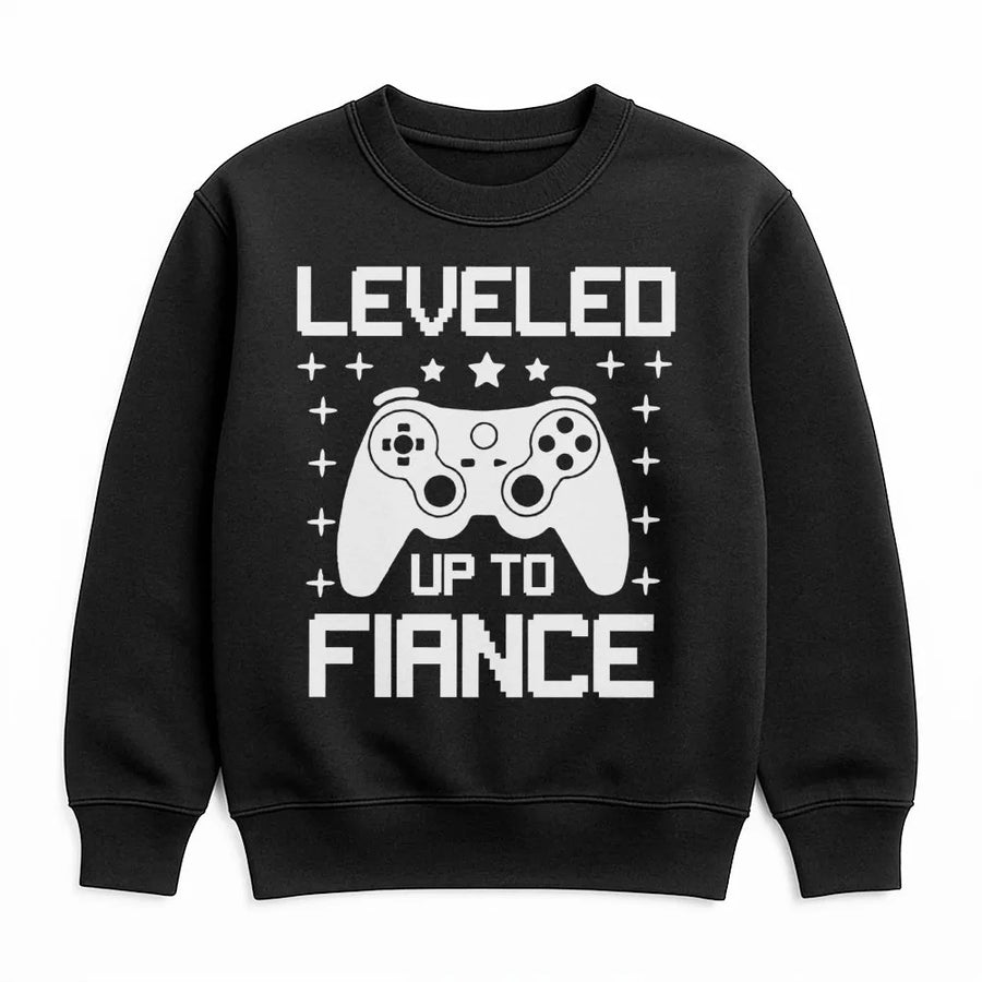 Leveled Up To Fiance Sweatshirt | Gamer Engagement Announcement Graphic | Premium Cotton Blend | Funny Gift For Future Husband Or Groom