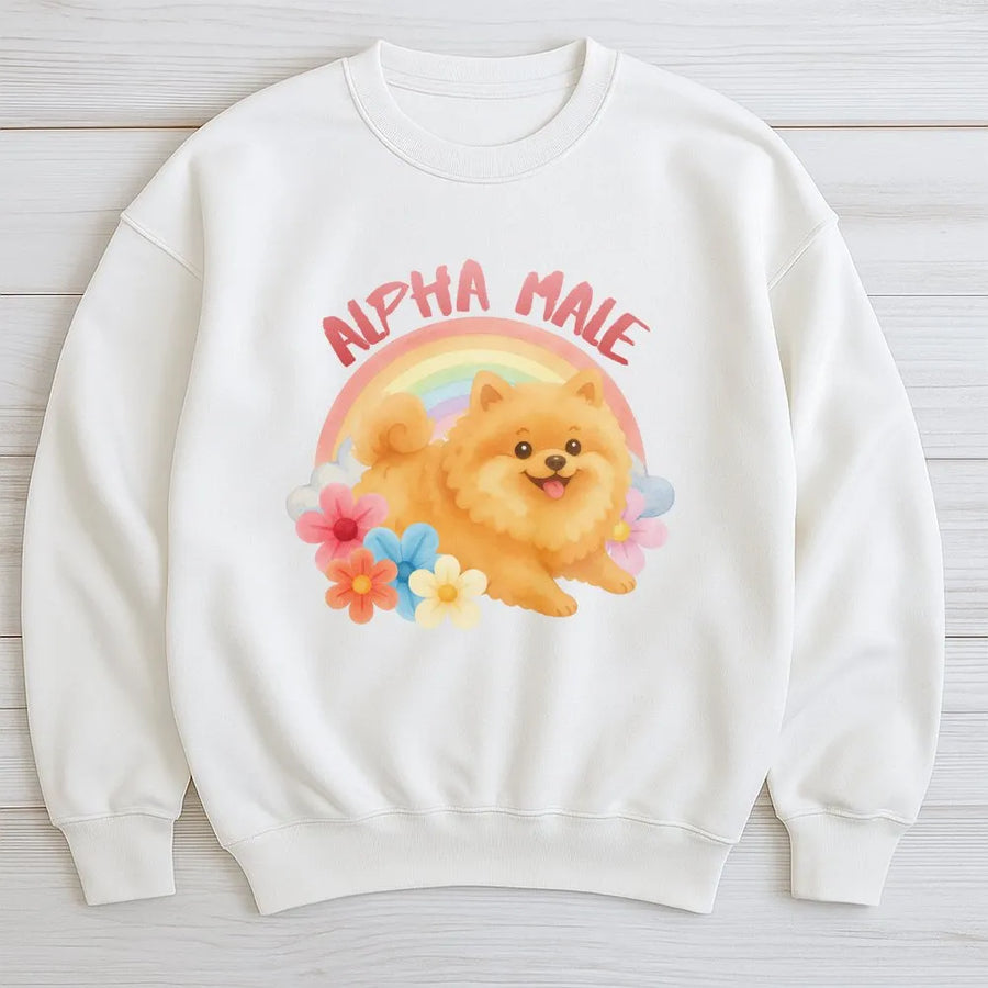 Alpha Male Pomeranian Sweatshirt | Funny Cute Dog with Rainbow Design | Premium Cotton Blend | Humorous Gift for Dog Lover
