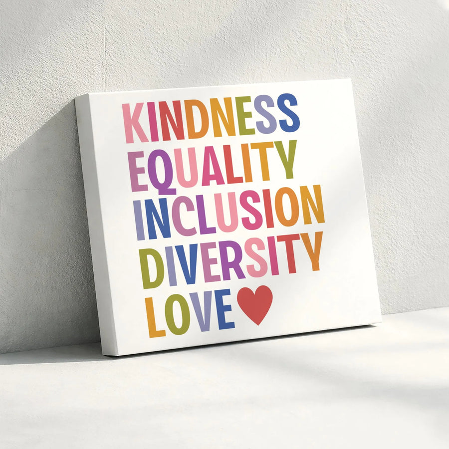 Kindness Equality Inclusion Diversity Love Canvas Wall Art | Colorful Motivational Quote Print | Premium 1.25" Gallery Wrap | Inspirational Office Decor