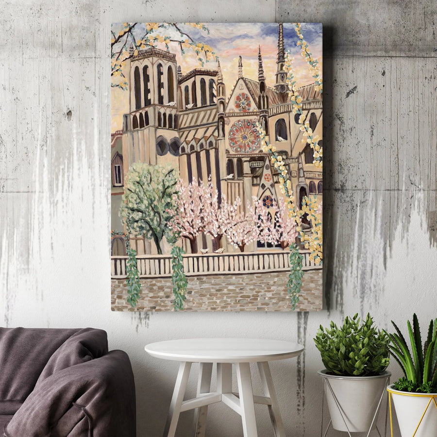 Notre Dame Cathedral Canvas Wall Art | Impressionist Spring in Paris Painting | Premium Gallery Wrapped Canvas | Romantic Paris Home Decor Gift