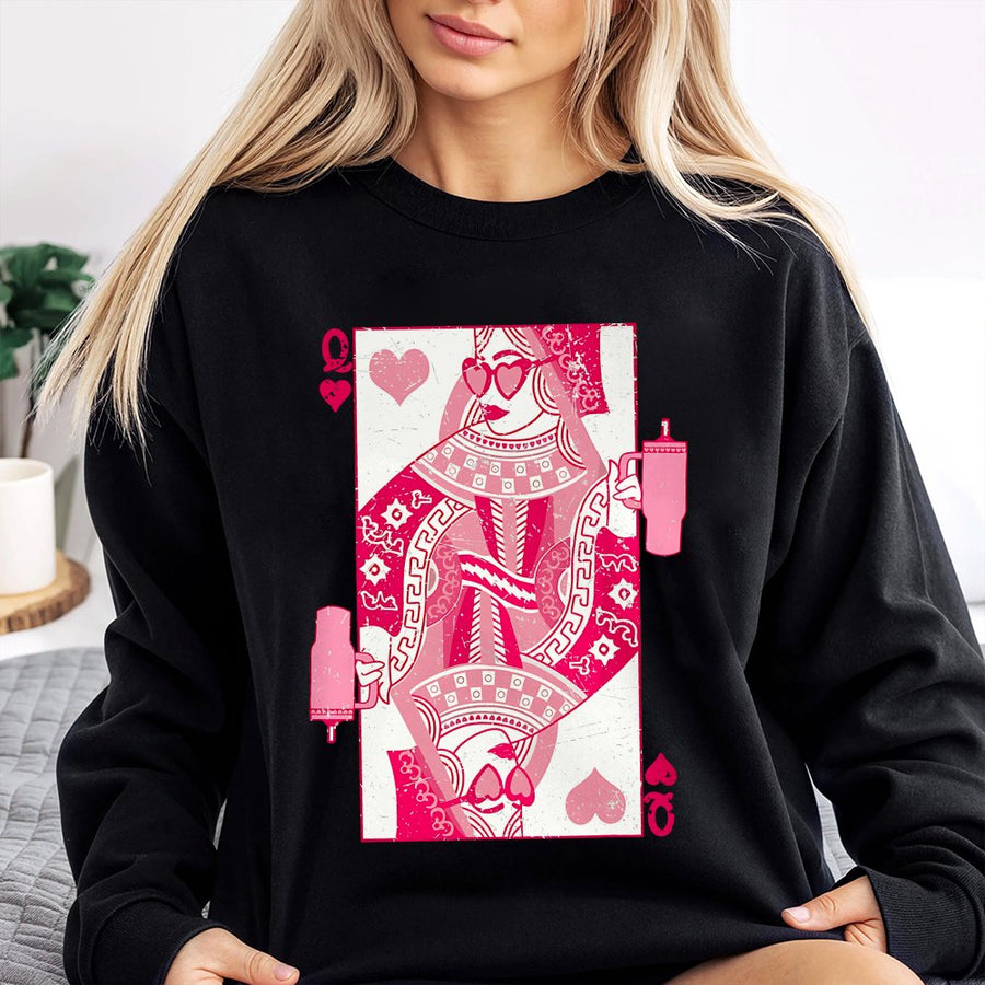 Queen Of Hearts Sweatshirt | Retro Playing Card Graphic | Soft Cotton Blend Unisex Pullover | Romantic Valentine's Day Gift For Her
