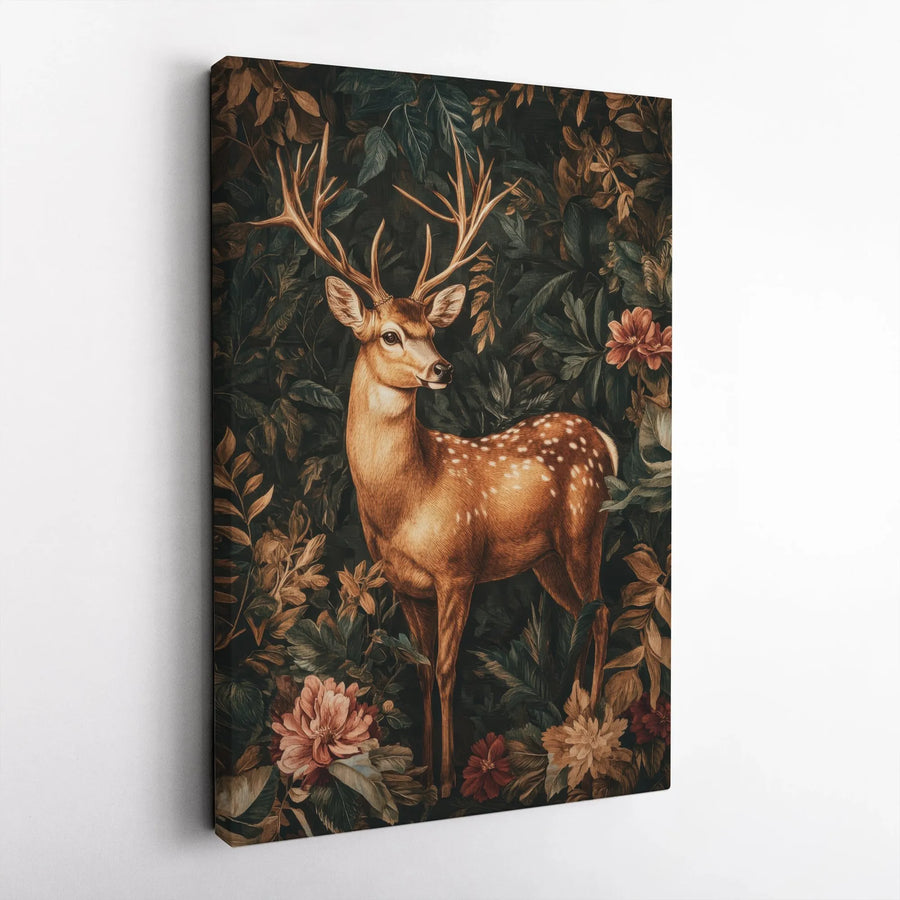 Majestic Deer Canvas Wall Art | Dark Moody Floral Forest Print | Gallery-Quality 1.25 Inch Wrap | Nature Lover Gift for Home Office Decor