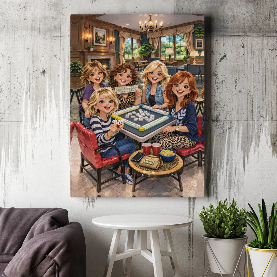 Mahjong Night Canvas Wall Art | Illustrated Women's Game Night Scene | Premium Gallery Wrap Print | Gift for Mahjong Player & Game Room Decor
