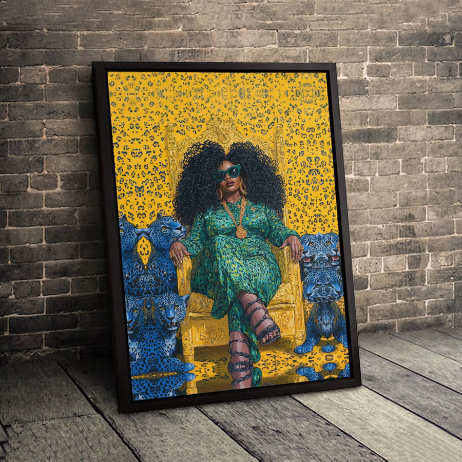 Black Queen Canvas Wall Art | Afrocentric Portrait with Blue Leopards | Premium Gallery-Wrapped Print | Empowering Home Decor Gift for Her