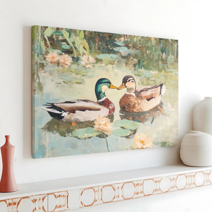 Mallard Ducks Canvas Wall Art | Impressionist Style Pond Painting | Premium Fade-Resistant Print | Farmhouse & Cottagecore Decor Gift