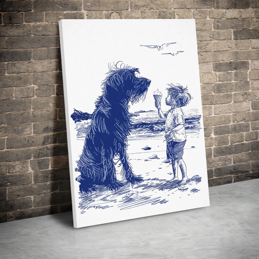 Boy and Dog Beach Art Canvas | Blue Sketch Illustration | Premium Gallery Wrapped 1.25" Profile | Heartwarming Coastal Wall Decor Gift