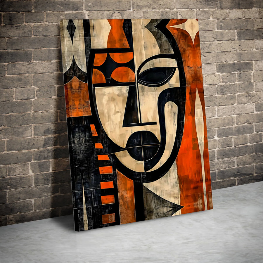 Abstract Cubist Face Canvas Art | Modern Geometric African-Inspired Wall Decor | Premium 1.25" Gallery Wrap | Bold Orange & Black Home Interior Gift