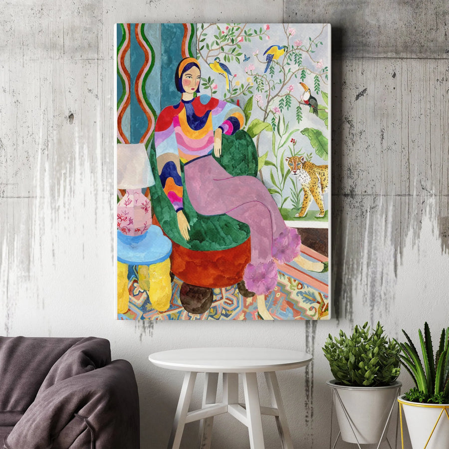 Eclectic Woman Portrait Vertical Canvas | Vibrant Maximalist Decor with Leopard & Birds | Premium Thick Gallery Canvas | Collector's Gift for Art Lover