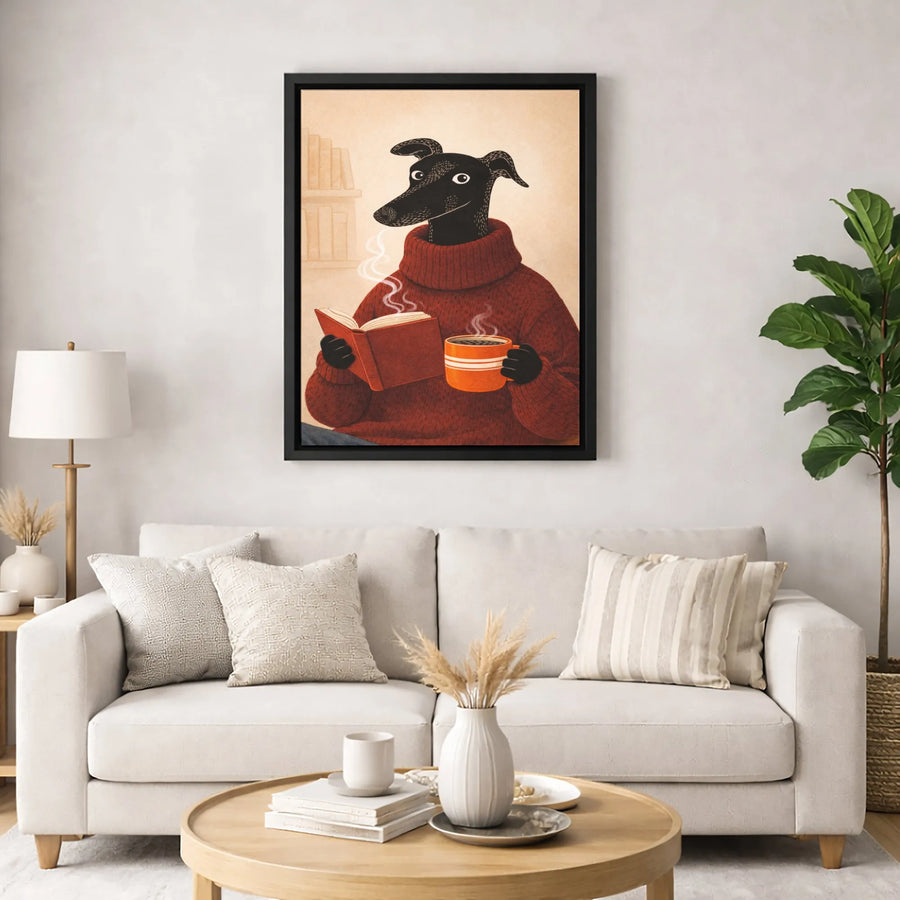 Greyhound Dog Reading Book Canvas Wall Art | Cozy Academic Animal Portrait | Premium Gallery-Wrapped Print | Gift For Dog Lovers & Bookworms