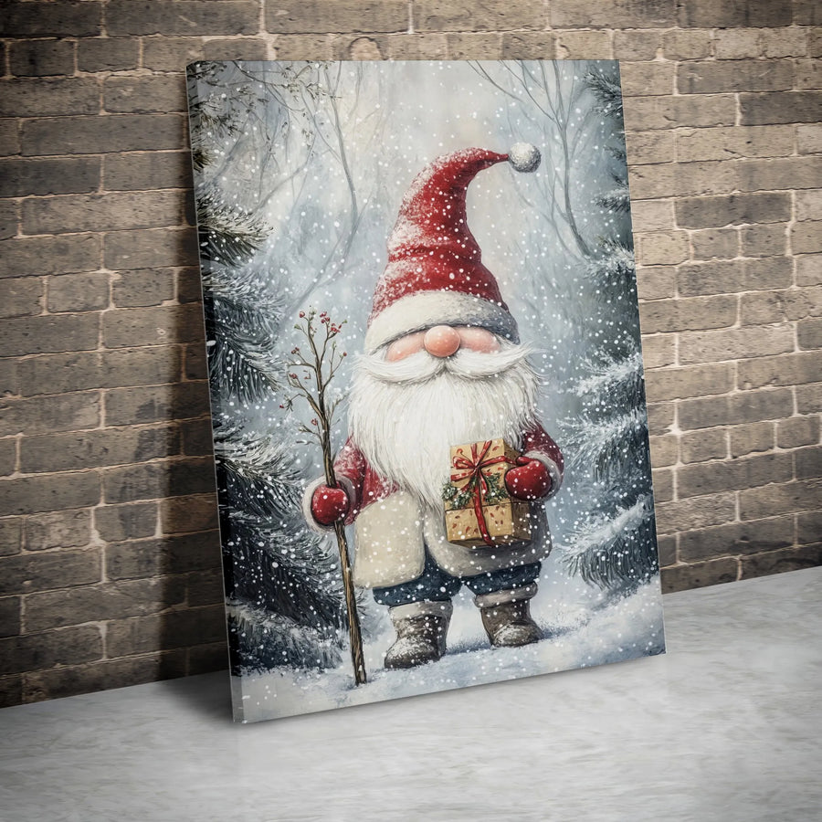Christmas Gnome Canvas Wall Art | Snowy Winter Forest Scene | Premium Fade-Resistant Print | Holiday Home Decor Gift for Family