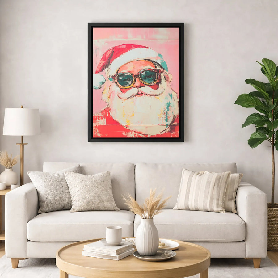 Cool Santa Claus Canvas Wall Art | Abstract Holiday Portrait with Sunglasses | Premium 1.25" Gallery Wrap | Modern Christmas Home Decor Gift