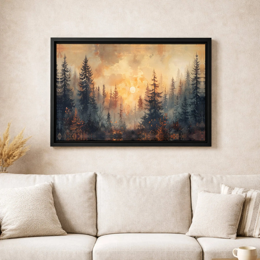 Misty Pine Forest Canvas Art | Golden Sunrise Landscape Print | 1.25 Inch Gallery Quality Wall Decor | Nature Inspired Home Office Gift