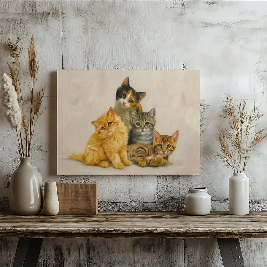Four Kittens Wall Art | Oil Painting Style Animal Portrait | Gallery Wrap Premium Canvas | Cute Cat Lover Gift Home Decor