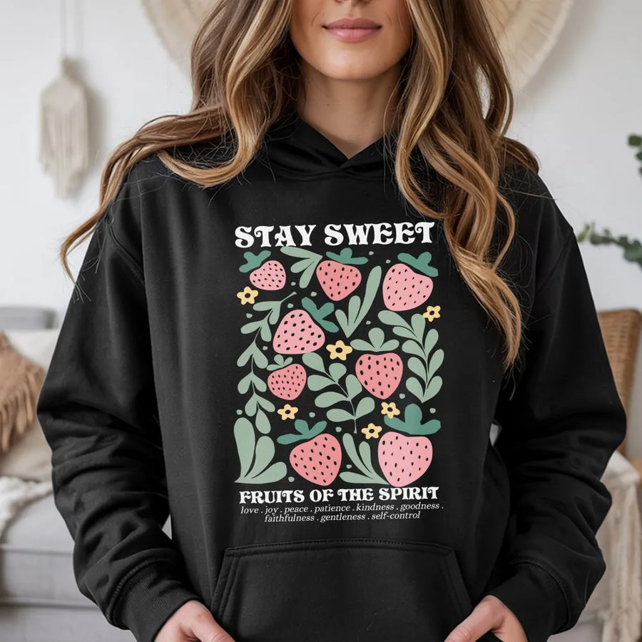 Fruits of the Spirit Hoodie | Boho Strawberry Bible Verse Design | Premium Cotton-Blend | Christian Gift for Women, Retro Jesus Apparel