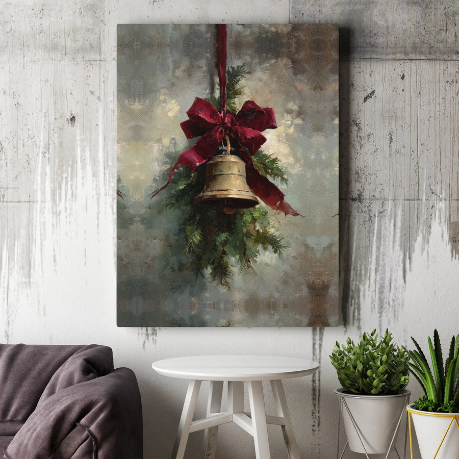 Christmas Bell Canvas Wall Art | Vintage Oil Painting Style with Red Bow | Premium Gallery-Wrapped Print | Festive Holiday Home Decor