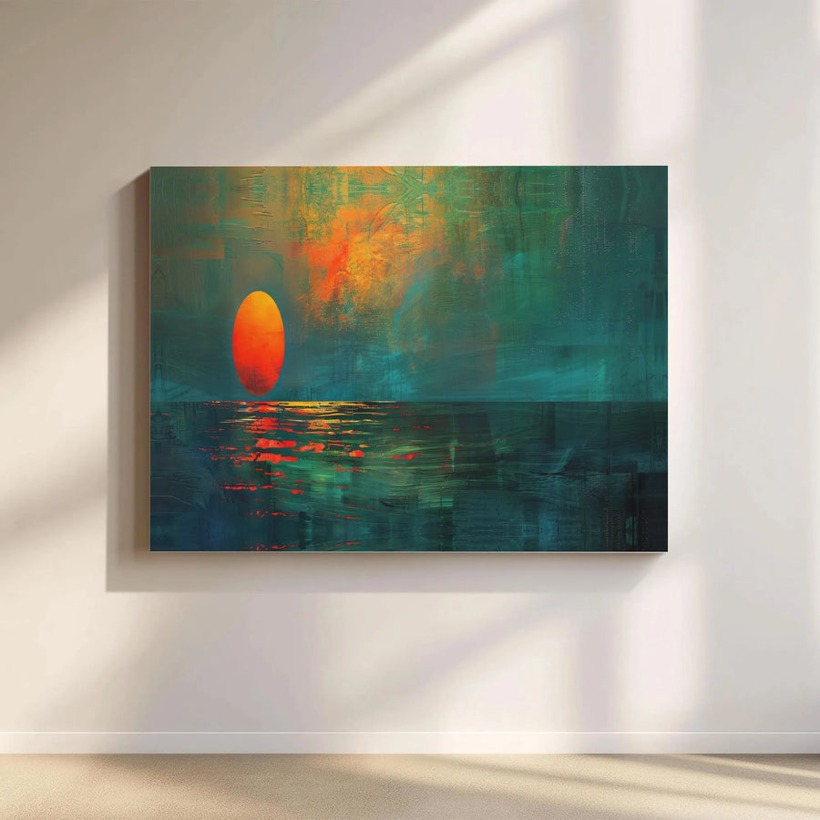 Abstract Sunset Canvas Wall Art | Teal and Orange Seascape Painting | 1.25-Inch Thick Gallery Wrap | Modern Home Office Decor Gift