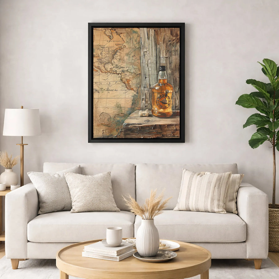 Vintage Nautical World Map Canvas | Whiskey Bottle Still Life Art | Premium Gallery-Wrapped Print | Man Cave & Home Office Bar Decor