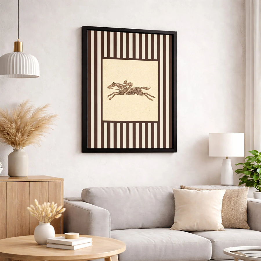 Equestrian Horse Racing Canvas Art | Vintage Jockey Sketch with Brown Stripes | Gallery-Wrapped Premium Print | Sophisticated Home Decor Gift
