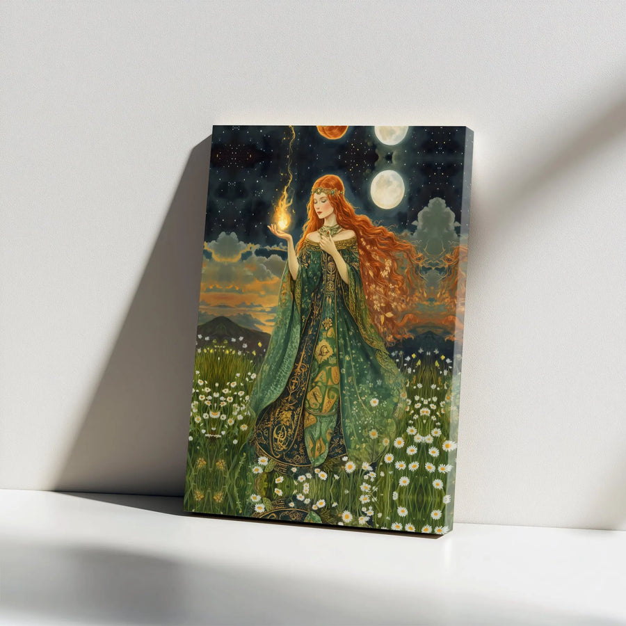 Fantasy Goddess Canvas Art | Celtic Fire Priestess with Celestial Moons | Premium Matte Gallery Wrap | Mythical Fantasy Home Decor Gift