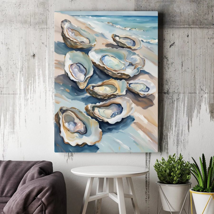 Oyster Painting Canvas Print | Modern Coastal Painting with Beach Scene | Thick Gallery Wrap Canvas | Nautical Kitchen Decor Gift for Seafood Lovers