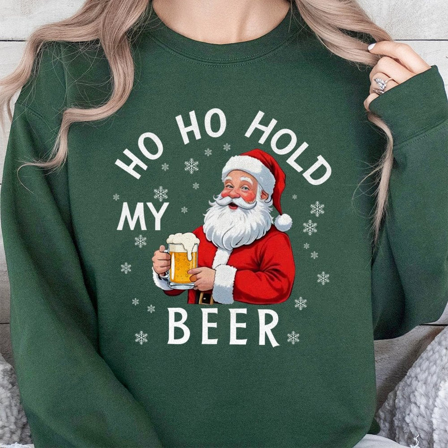 Ho Ho Hold My Beer Sweatshirt | Funny Santa Claus Drinking Graphic | Unisex Premium Cotton Blend | Holiday Party Gift For Men And Women