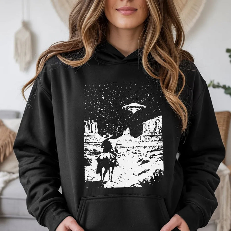 UFO Cowboy Hoodie | Retro Western Graphic Design | Premium Cotton-Poly Blend | Unisex Aesthetic Gift For Him And Her