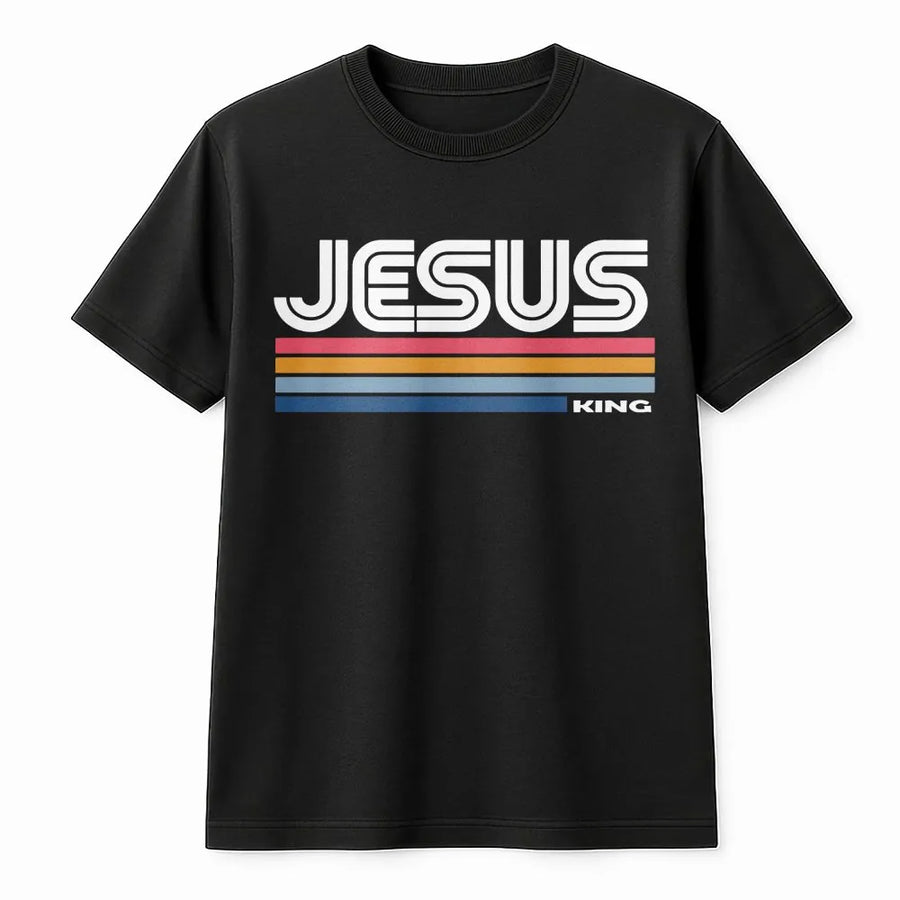 Jesus King T-Shirt | Retro 70s Stripe Design | Premium Cotton Tee | Christian Faith Gift for Men and Women