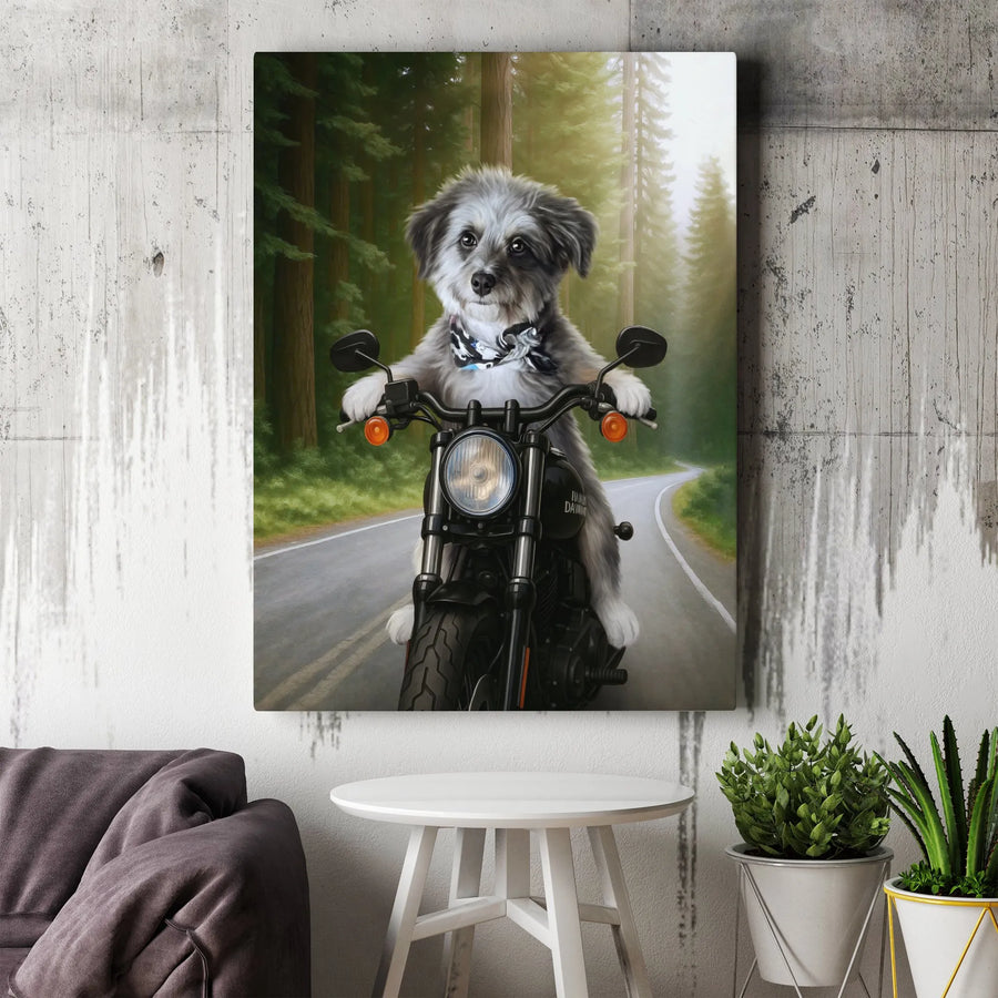 Dog Riding Motorcycle Canvas Wall Art | Funny Biker Puppy Print | Premium Fade-Resistant Gallery Wrap | Unique Gift for Dog Lovers and Riders