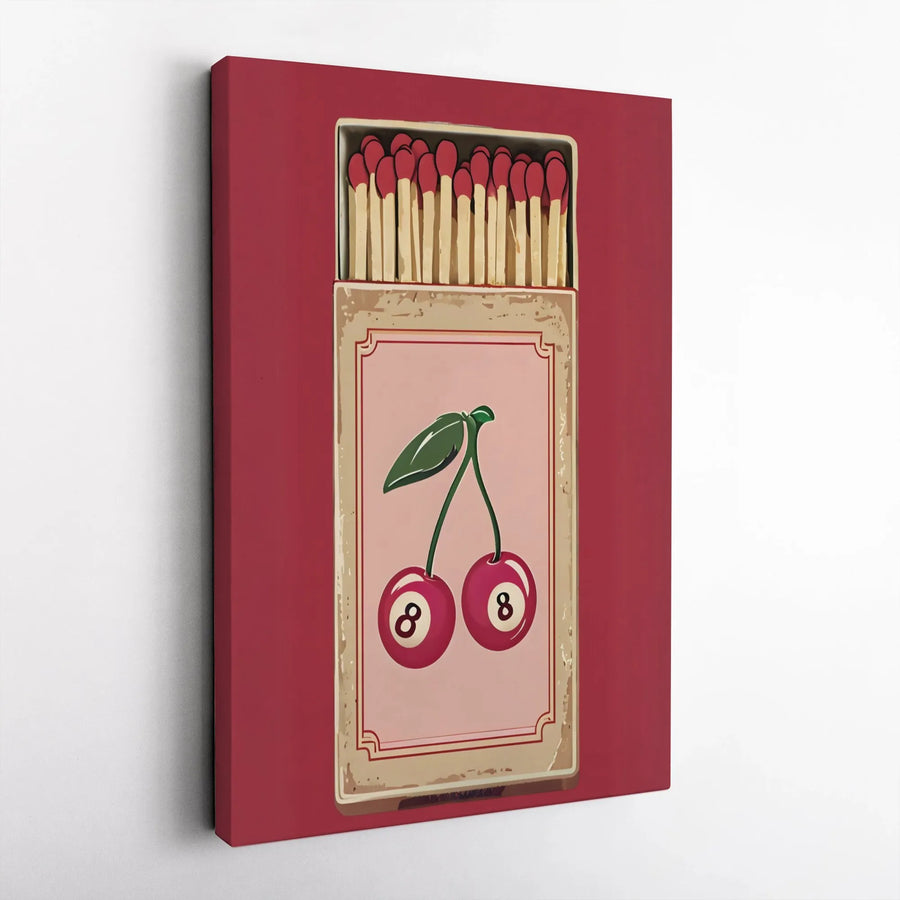 Vintage Matchbox Cherry Art Print | 8-Ball Aesthetic Wall Decor | Premium 1.25-Inch Gallery Canvas | Trendy Retro Kitchen or Living Room Gift
