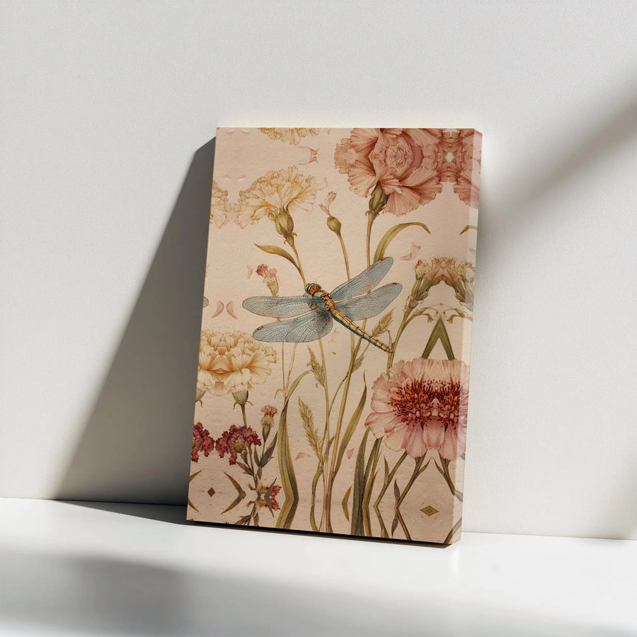 Vintage Dragonfly Canvas Wall Art | Antique Botanical Illustration with Carnations | Premium Gallery Wrapped Canvas | Cottagecore Home Decor Gift