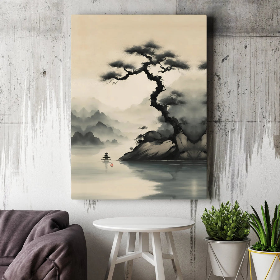 Japanese Ink Wash Painting Canvas | Minimalist Pine Tree & Pagoda Art | Premium Gallery-Wrapped Print | Zen Home Decor Wall Art
