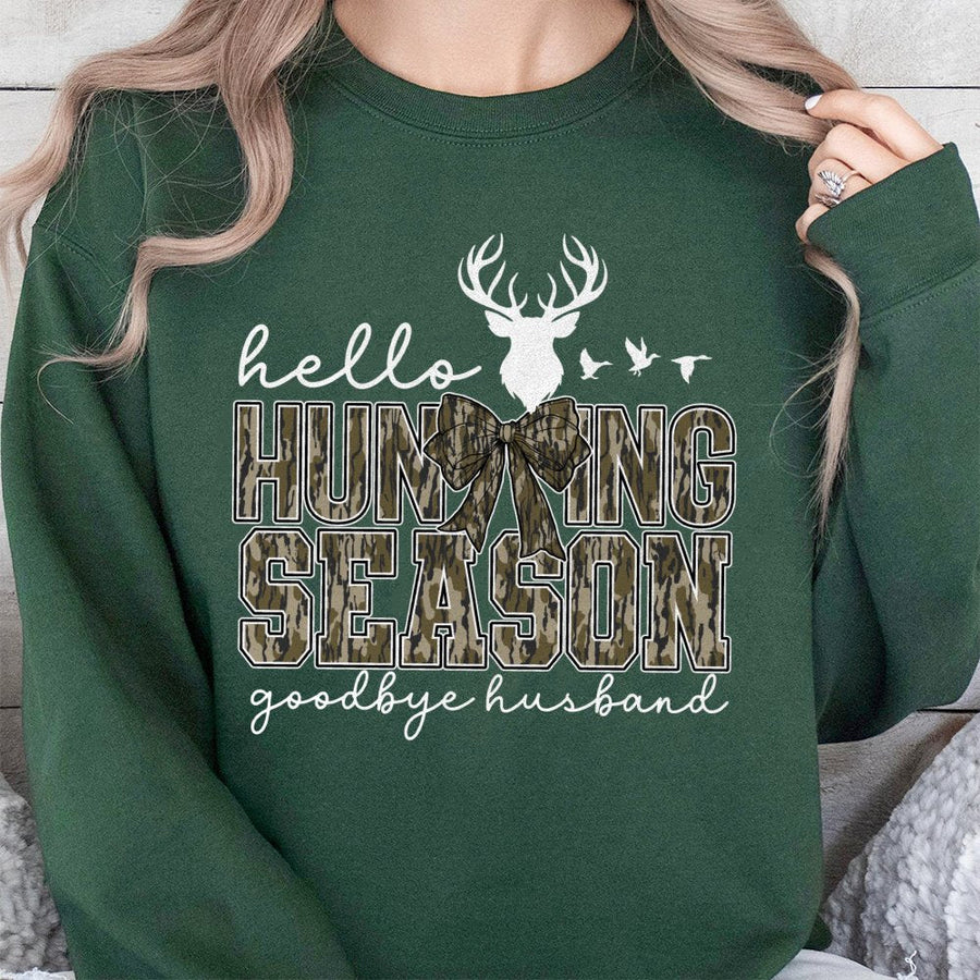 Hello Hunting Season Goodbye Husband Sweatshirt | Deer Hunter Bow Graphic | Premium Cotton Blend | Funny Gift for Women Hunters