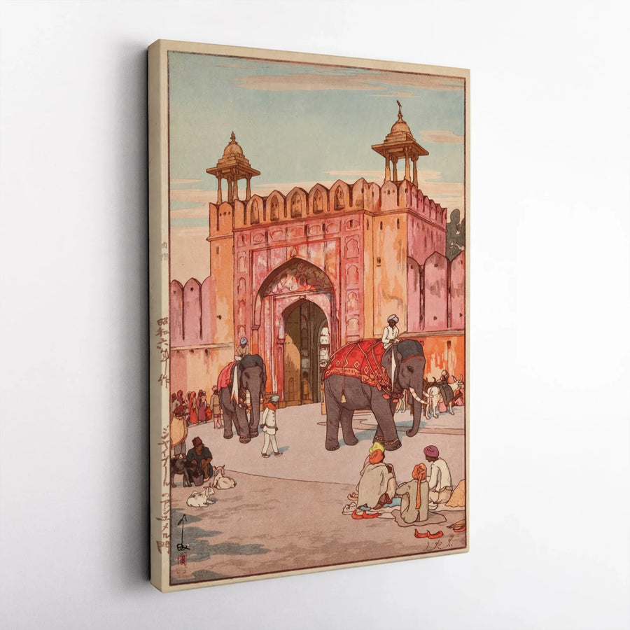 Vintage Indian Palace Canvas Print | Ukiyo-e Style Elephant Procession Wall Art | Premium Thick Gallery Canvas | Collector's Asian Home Decor Gift