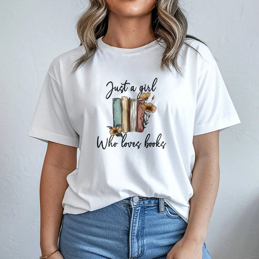 Just A Girl Who Loves Books T-Shirt | Floral Library Bookish Design | Premium Soft Cotton Tee | Cute Reading Gift For Women And Bibliophiles
