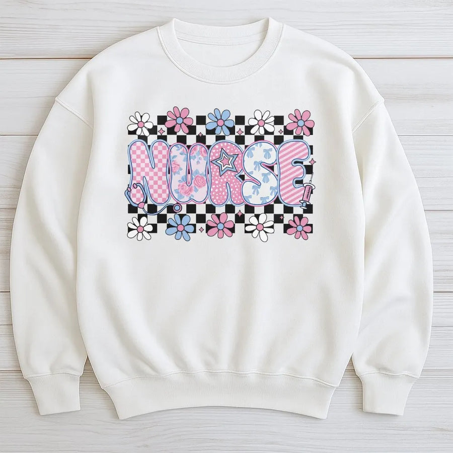 Nurse Sweatshirt | Preppy Checkered Floral Graphic | Premium Cotton Blend | Gift for Nurses RN CNA Graduation