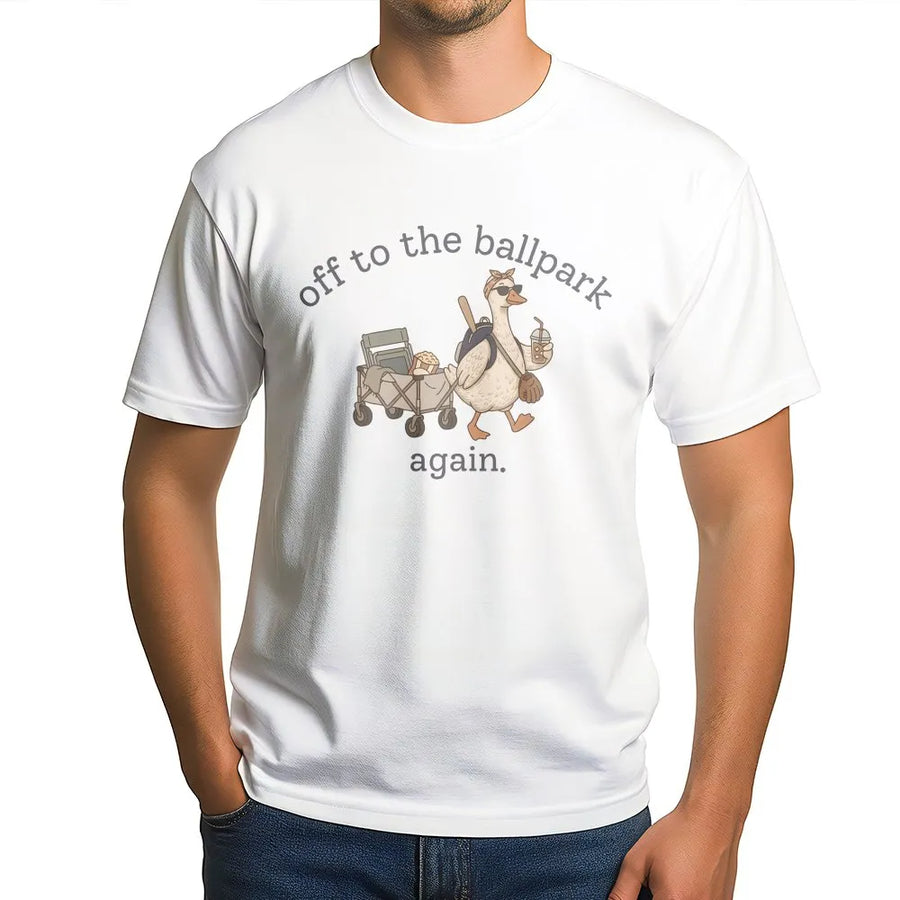 Funny Baseball Mom T-Shirt | Off to the Ballpark Again Goose Graphic | Premium Cotton Blend | Gift for Softball Mama