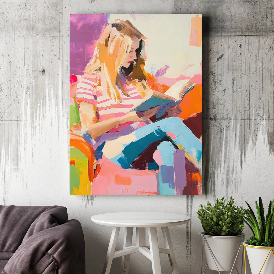 Woman Reading Book Canvas Wall Art | Impressionistic Colorful Portrait | 1.25-Inch Gallery Wrap | Modern Home Decor Gift for Readers