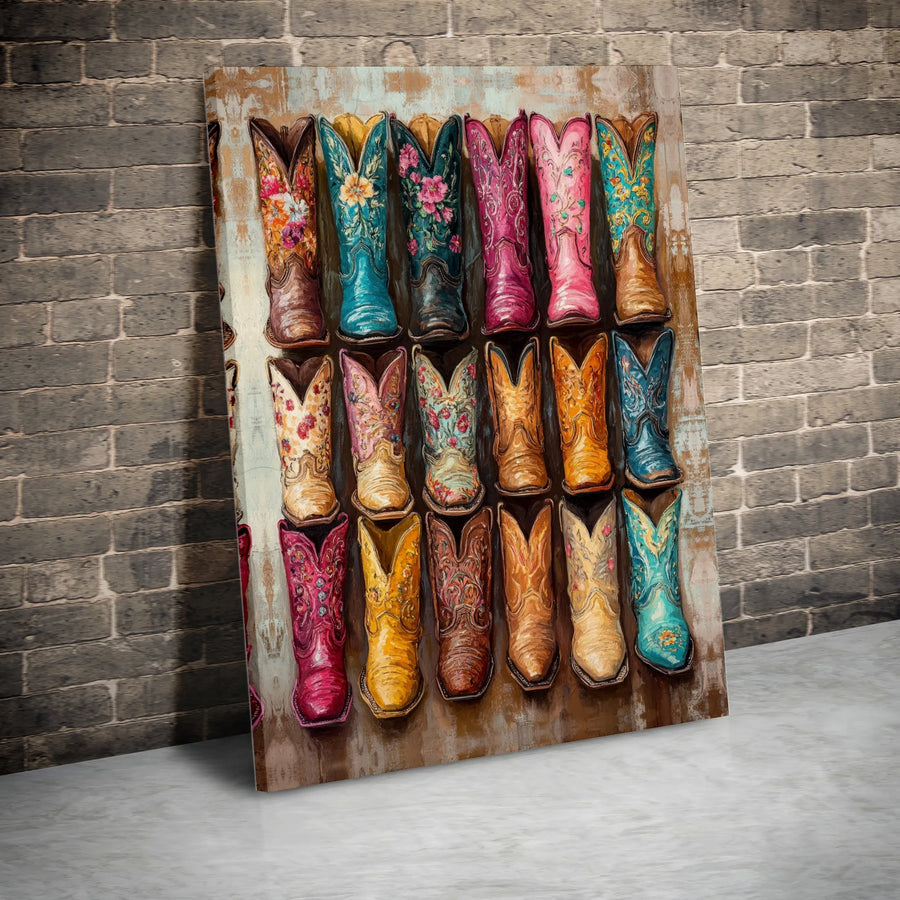 Cowboy Boots Canvas Wall Art | Colorful Floral Boot Collection | Premium Gallery Wrapped Print | Southwestern Home Decor Gift for Her