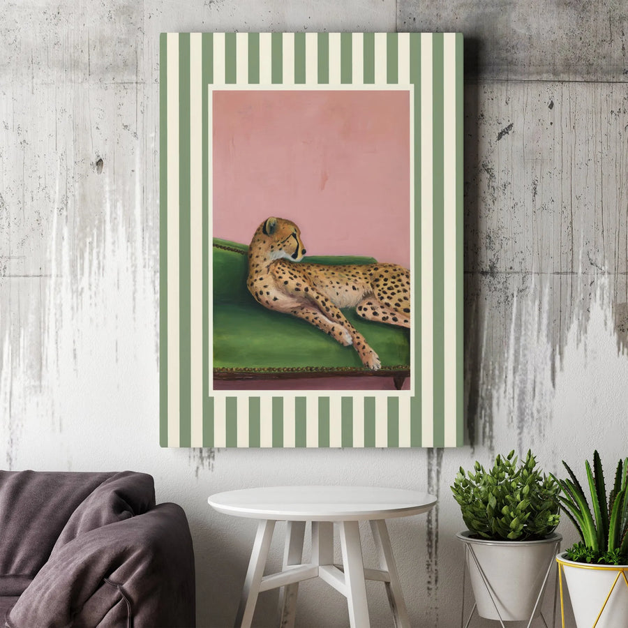 Cheetah Wall Art | Whimsical Cheetah on Green Sofa Illustration | Premium Gallery Wrapped Canvas | Eclectic Home Decor Gift