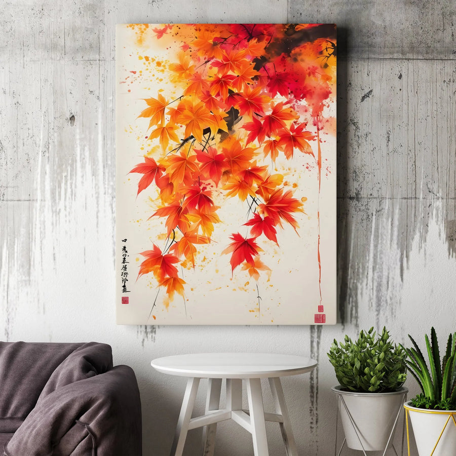 Japanese Maple Canvas Wall Art | Autumn Red Leaf Watercolor Painting | Gallery Wrapped Premium Print | Zen Botanical Home Decor Gift