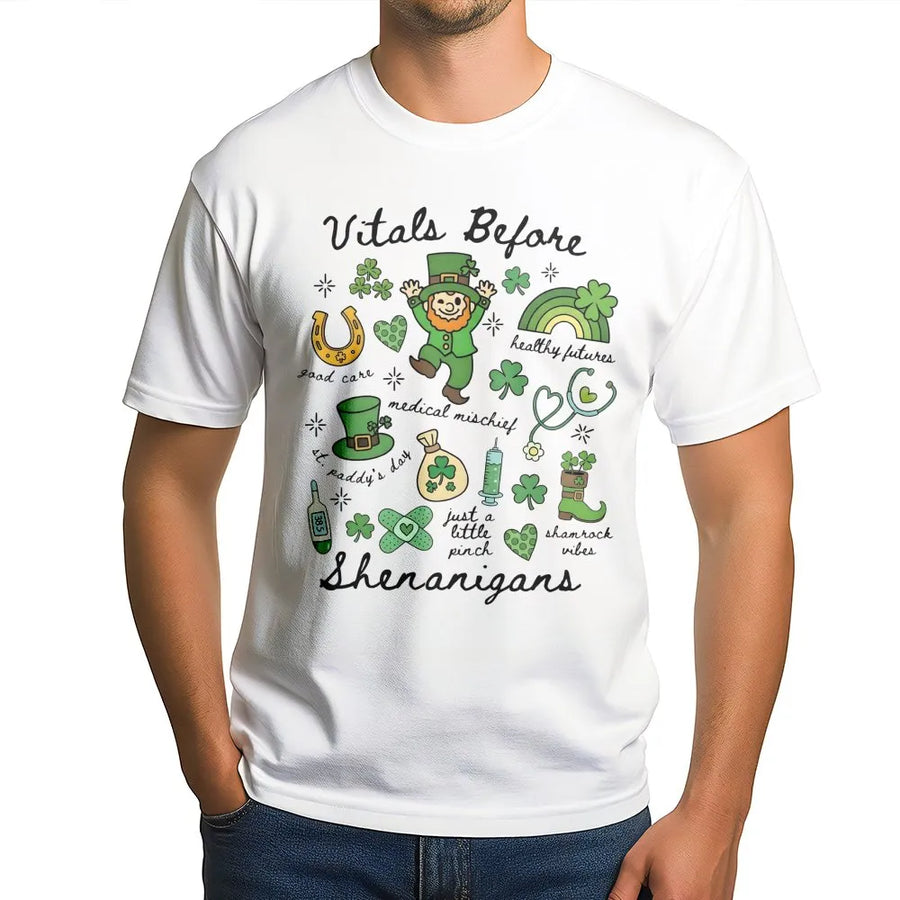 St. Patrick's Day Nurse T-Shirt | Vitals Before Shenanigans Graphic Tee | Soft Cotton Healthcare Apparel | Funny Medical Staff Holiday Gift